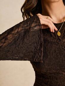 Poéselle Women's Casual Vacation Fashion Street Lace Flare Sleeve Asymmetrical Hem Ruched Fitted T-Shirt, Spring/Summer/Autumn, Brown Long Sleeve Top, Dark Brown Top, Coffee Brown Top, Brown Tops For Women, Bell Sleeves - Brown - View 3