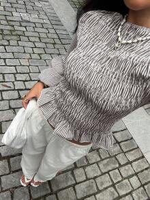 Siren Gaze 女式条纹荷叶边圆领长袖喇叭袖口时尚百搭衬衫 - 棕色 - 查看 8