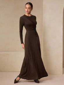 Graceveil Women's Round Neck Long Sleeve Cinched Waist Pleated High-End Design Fitted Knit Dress