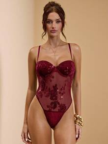 SHEIN BAE 女士细肩带刺绣亮片弹力透明紧身衣，性感 - 酒紅色 - 查看 3