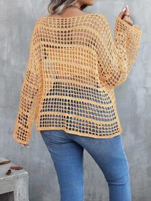 EMERY ROSE Suéter holgado de punto informal para mujer de talla grande, con hombros descubiertos, calado, mangas acampanadas, semitransparente, color negro, para primavera/otoño - Naranja Coral - Ver 2