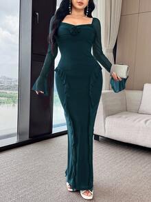 Feyla 女式纯色简约荷叶边下摆长袖连衣裙 - 墨綠色 - 查看 4