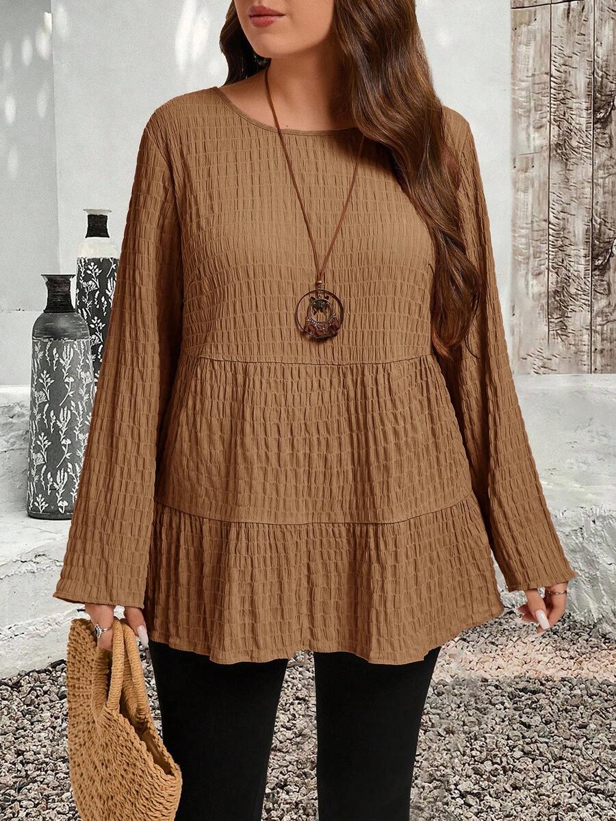 EMERY ROSE Áo cánh tay dài cổ tròn màu trơn cỡ lớn xếp ly tối giản, trang phục thường ngày, quần áo thu đông cho nữ - màu nâu - Xem 1