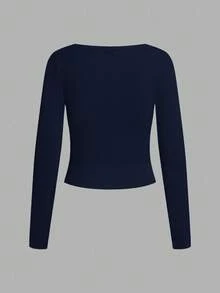 SHEIN EZwear 海军蓝女式休闲简约圆领罗纹面料修身长袖打底 T 恤，适合秋冬季 - 藏蓝色 - 查看 3