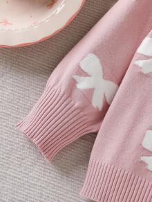 Elladie kids Chaquetas de niña Versátiles Nuevas chaquetas de punto de manga larga para niñas en otoño/invierno, con patrón de lazo jacquard, decoración de lazo 3D, tejido suelto y suave, adecuado para uso diario y ocasiones festivas - Rosa - Ver 6