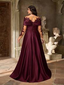 Aureia Plus Size Elegant Luxurious Embroidered Lace Applique Sheer Long Sleeve Off Shoulder Stretch Satin Maxi A-Line Dress, Suitable For Weddings, Parties, Vacations, Balls, Evening Gowns (Heavy Embellishment), Valentine's Day - Burgundy - View 3