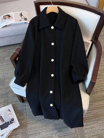 Franclia 新款宽松羊毛混纺翻领长袖女式大衣