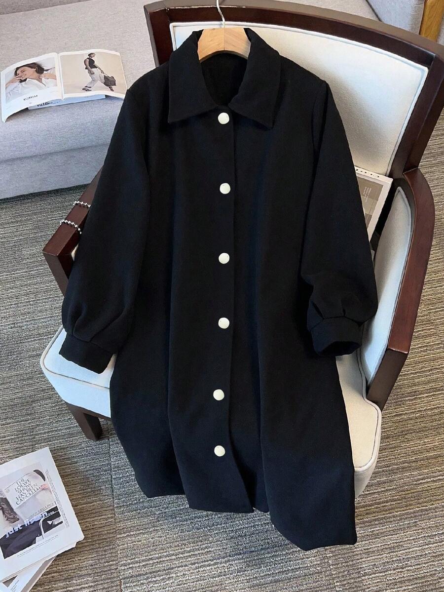 Franclia 新款宽松羊毛混纺翻领长袖女式大衣 - 黑色 - 查看 1