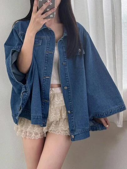 FRIFUL 女士休闲宽松纽扣前牛仔衬衫、牛仔夹克、秋季女装