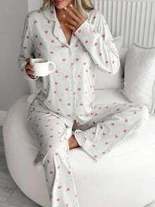 Set pigiama da donna in cotone, 2 pezzi, con motivo a cuori e dettaglio con bottoni sulla parte anteriore, comodo abbigliamento da casa per signore