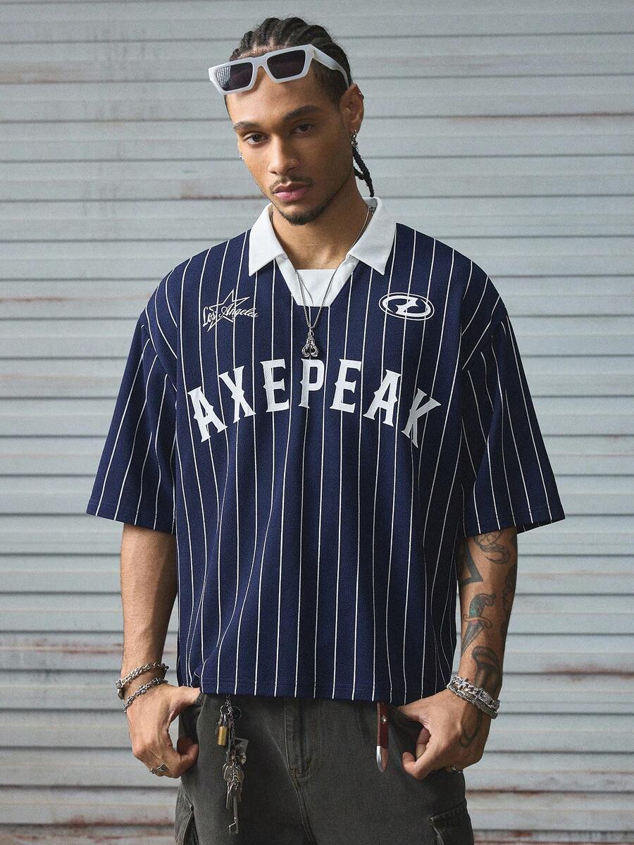 AXEPEAK 休闲运动棒球 Polo 衫，字母印花，拼色，短袖，短款，男款 - 藏蓝色 - 查看 1