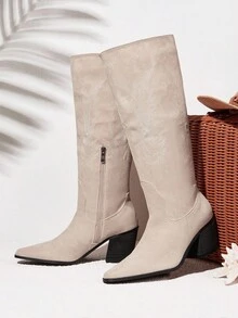 Styleloop Giày bốt nữ đơn giản, thoải mái, ấm áp, thích hợp cho tiệc tùng, Giáng sinh, Halloween, phong cách phương Tây - Màu be - Xem 2