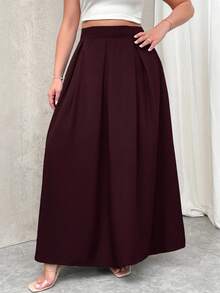 Firerie 加大码女式灰色高腰超长褶皱 A 字裙，带口袋，松紧腰带，秋季开学季 - 酒紅色 - 查看 4