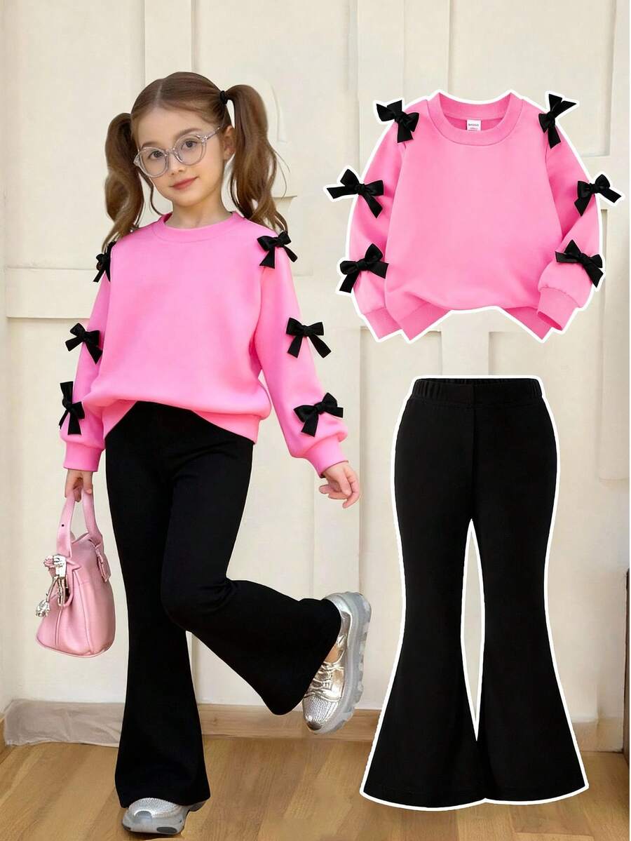 SHEIN 2pcs/Set Young Girl' Minimalist Fashion Pink Bow Black Top And Pink Pants Sweatsuit Set Fall Winter - Multicolor - View 1