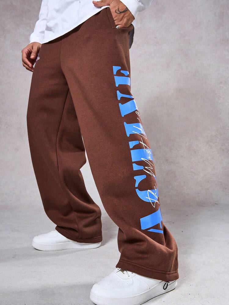 Men's Autumn Letter Print Thermal Lined Jogger Pants, Streetwear Style