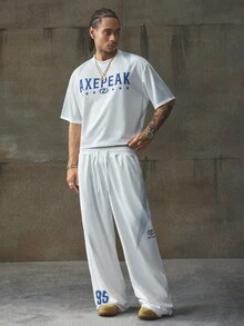 AXEPEAK Men's Contrast Color Patchwork Letter Print T-Shirt And Pants Set - Grey - View 5