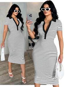SHEIN SXY 女士休闲简约时尚通勤风格短袖黑白条纹 Polo 衫连衣裙，针织高弹修身中长连衣裙，法式优雅连衣裙 - 黑色 - 查看 7