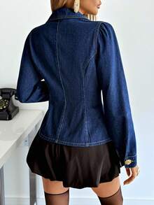 Siren Gaze 女式深蓝色牛仔夹克V领收腰长袖上衣金色金属纽扣性感古着风格玫瑰纽扣牛仔上衣女式牛仔衬衫秋季外套 - 深色水洗藍 - 查看 4