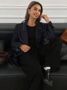 DAZY 西部牛仔缝线装饰收腰合身宽肩翻领长袖休闲街头风格牛仔夹克和外套，适合秋冬女士 - 灰色 - 查看 4