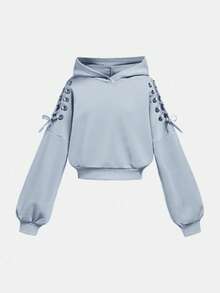 SHEIN Girlism Tween Girl Halloween Fashionable Street Style Ear Hoodie Long Sleeve Drawstring Casual Pullover Sweatshirt Bow Hoodie Cat Ear Hoodie Cute Hoodie Teen Crop Top Hoodie Fall Winter