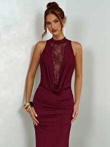 SHEIN BAE Czarna koronkowa sukienka z głębokim dekoltem, dopasowana, czarna koronkowa sukienka