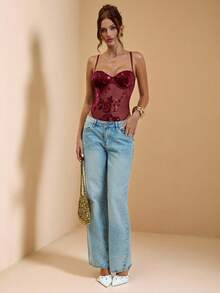 SHEIN BAE 女士细肩带刺绣亮片弹力透明紧身衣，性感 - 酒紅色 - 查看 5