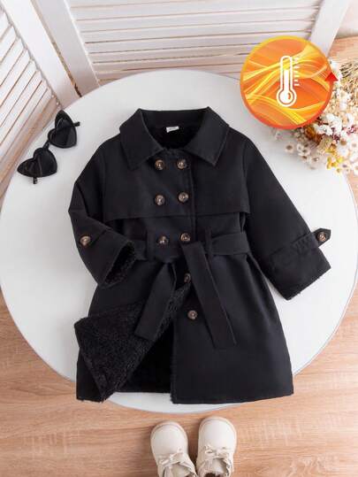 SHEIN 1pc Fashionable Minimalist Street Style Black Long Sleeve Lapel Long Trench Coat With Fur Decor Inside And Belt, Suitable For Daily Wear And School