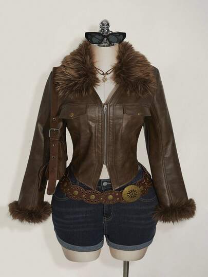 SHEIN ICON Plus Size Brown PU Leather Collar Patchwork Short Jacket In Fall/Winter