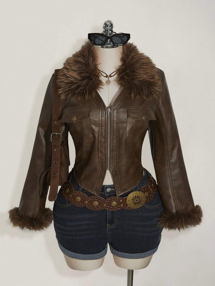 SHEIN ICON Plus Size Brown PU Leather Collar Patchwork Short Jacket In Fall/Winter