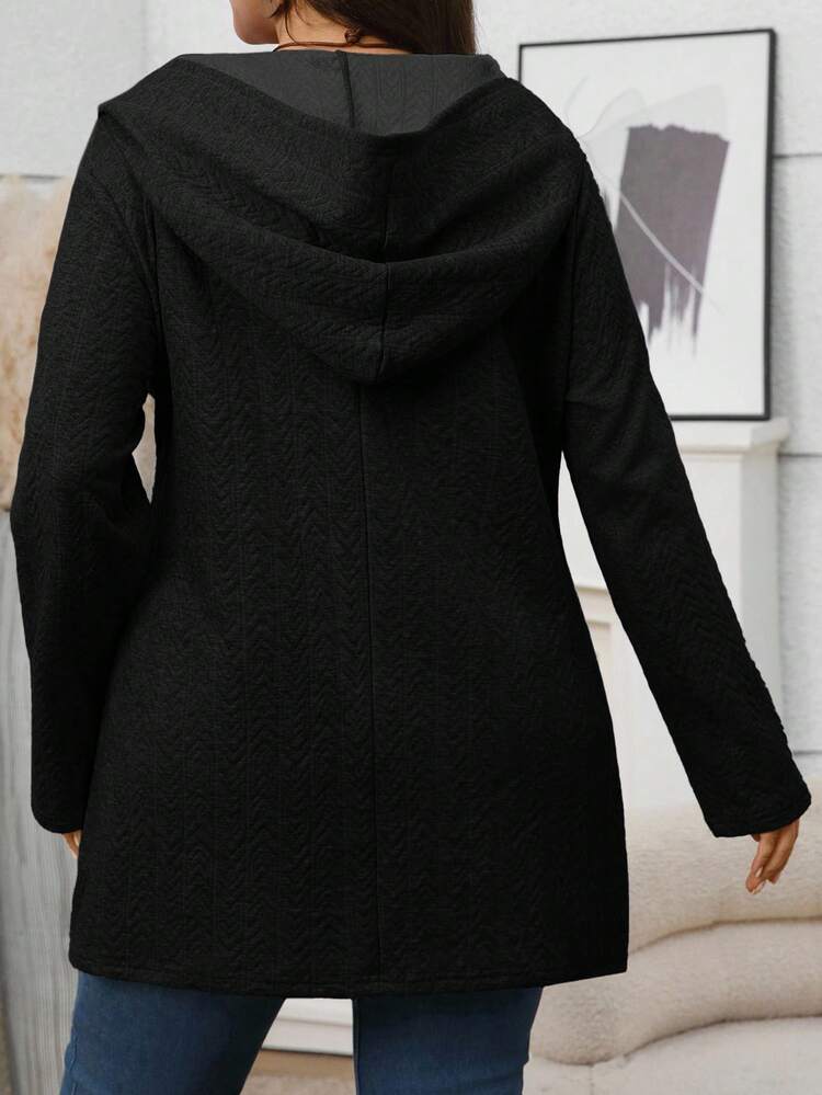 Plus Size Women Fall/Winter Casual Long Sleeve Black Zip-Up Hooded Sweatshirt With Pockets,Autumn/Winter,Going Out,2025 New,Simple And Fashionable For Everyday Wear, Winter, Christmas,New Year,Thanksgiving