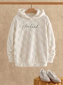 Manfinity VCAY 男士休闲字母刺绣修身插肩袖连帽衫，毛绒连帽衫，泰迪熊抓绒柔软连帽衫，秋冬款 - 米色 - 查看 7