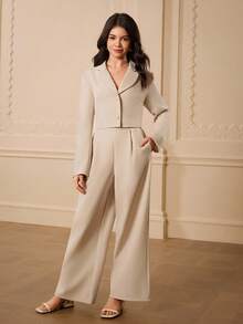 优雅简约时尚优雅西装外套，领口，长袖，短款剪裁，卡其色，搭配高腰宽松直筒裤，适合少女，返校装，四季皆宜，圣诞节