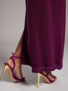 NYA SZN 连衣裙短袖深 V 领开衩流苏细节修身紧身特殊场合约会婚礼宾客生日夜晚外出秋冬适合通勤针织女装 - 粉色 - 查看 7