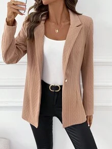 SHEIN Clasi Áo khoác blazer nữ tay dài cài nút tối giản, thanh lịch - Màu Khaki - Xem 6