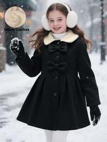 SHEIN Older Tween Girl' Bow Collar Waist Cinched Fashionable Jacket, Academic Style, Autumn/Winter Fall