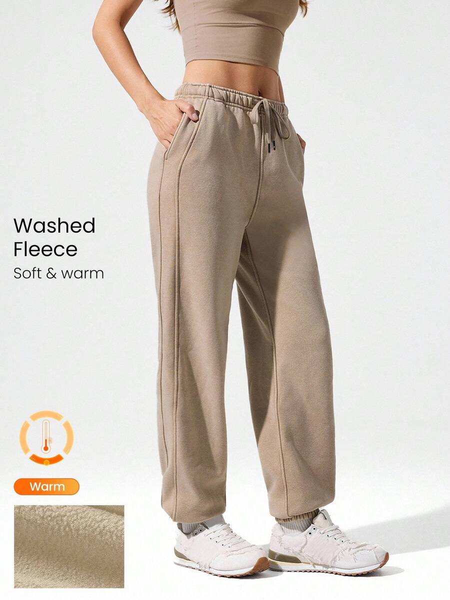 GLOWMODE 28" Fleece Soft Warm Oversized Fit Adjustable Drawstring Waist Vintage Joggers With Side Pockets Daily Casual Autumn Winter - Apricot - View 1