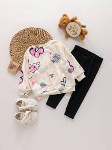 SHEIN 女婴花卉印花长袖卫衣和裤子套装，秋冬 - 杏色 - 查看 2