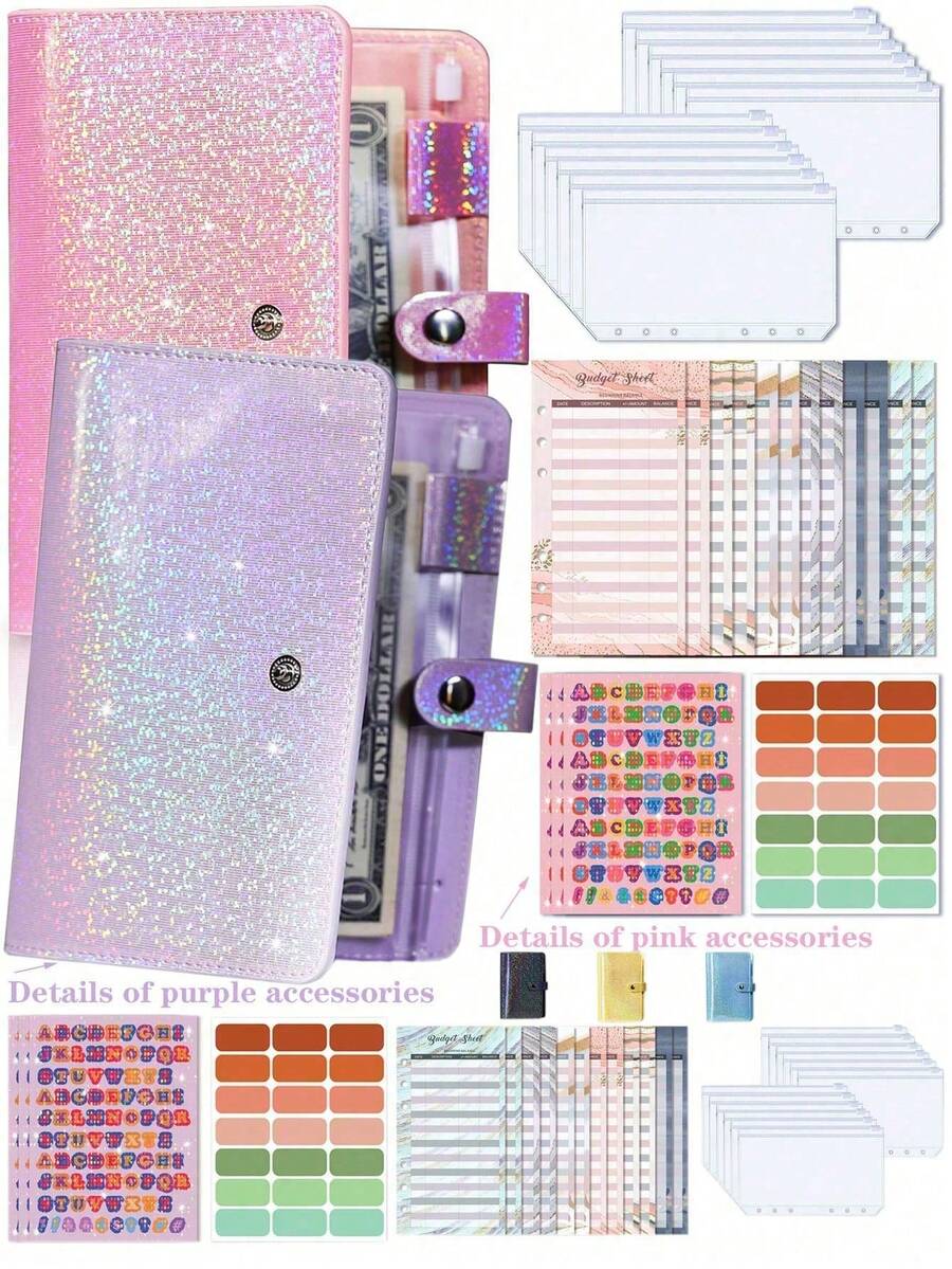 1 件装预算计划活页笔记本，带星空设计的 PU 封面，包含拉链袋、预算工作表、现金整理器、费用跟踪器和储蓄计划器，适用于财务规划、现金管理和储蓄挑战、学校用品、返校 - 彩色 - 查看 1