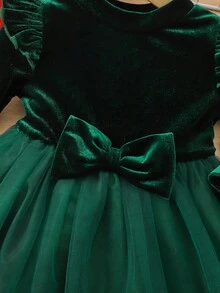 Elegant Velvet Long Sleeve Dress In Muted Green For Baby Girl - Green - View 7