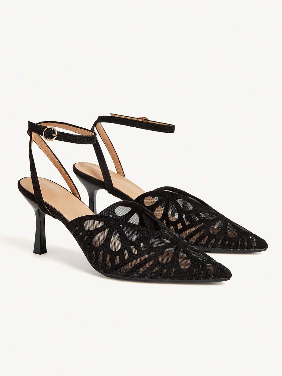 CUCCOO CHICEST 女士尖头镂空高跟鞋，优雅通勤浪漫性感哥特风格，黑色仿麂皮网眼，踝带高跟鞋，适合下午茶、约会、派对、职场、万圣节 - 黑色 - 查看 1
