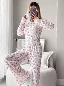 EURMUSE Women Cotton Rib Knit With Flower Patterned Long Sleeve&Pants Homewear Comfort Lounge Pajama Set For Ladies Pj Sets For Women Long Sleeve Women Lounge Set Comfy Pajamas Set Women's Lounge Set - White - View 6