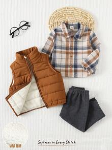 Cozy Pixies 3pcs Baby Boy Casual Soft Plaid Shirt, Solid Color Sleeveless Fleece Vest, And Elastic Waist Pants Set Baby Boys Outfit Baby Set Autumn Winter Baby Boys Winter Outfit Fall - Brown - View 4