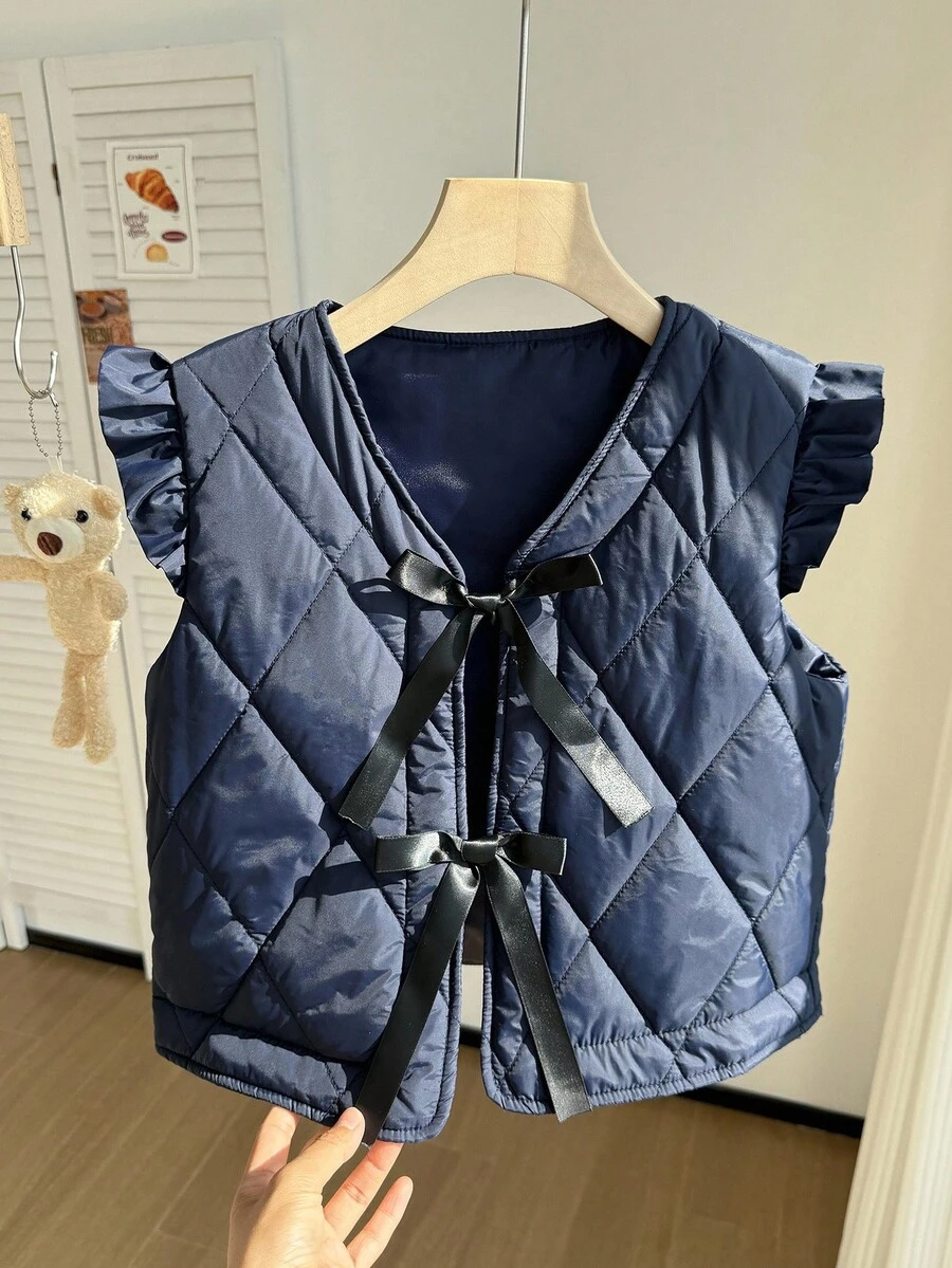 SHEIN Chaqueta de invierno con cuello en V y mangas cortas con decoración de lazo para niña preadolescente