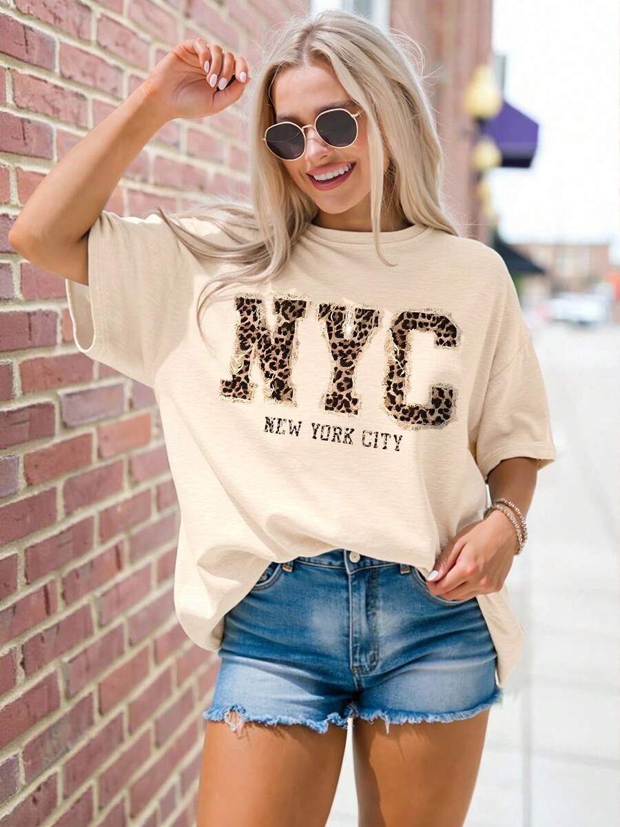 EMERY ROSE Áo thun cổ tròn tay ngắn in chữ New York thời trang cỡ lớn cho nữ - Màu be - Xem 1