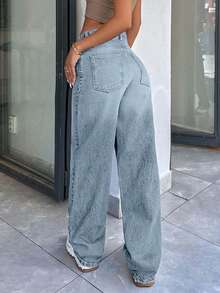 EURMUSE 100%纯棉高腰复古水洗直筒牛仔裤 - 淺色水洗藍 - 查看 2