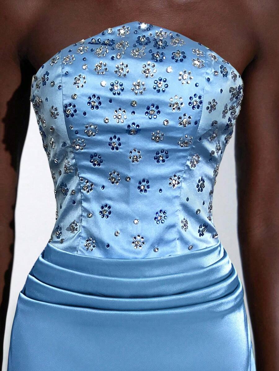 Elitara Elegant Handmade Rhinestone Embellished Strapless Mermaid Tail Dress,Ruched Waist Formal Evening Gown Suitable For Weddings,Galas&Formal Events - Blue - View 1
