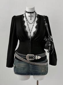 Flirla 女式大码V领荷叶边休闲短袖衬衫