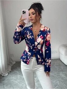 Elenzga 女士印花翻领长袖单扣西装外套，简约优雅 - 彩色 - 查看 1