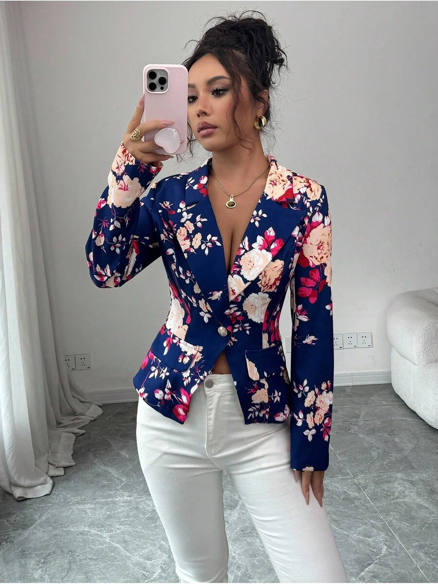 Elenzga 女士印花翻领长袖单扣西装外套，简约优雅 - 彩色 - 查看 1