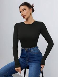 SHEIN Tall 女款 3 件組黑色長袖上衣，圓領休閒修身純色 T-shirt 套頭衫套裝，秋季春季日常基本修身上衣，適合高個女性 - 黑色 - 查看 4